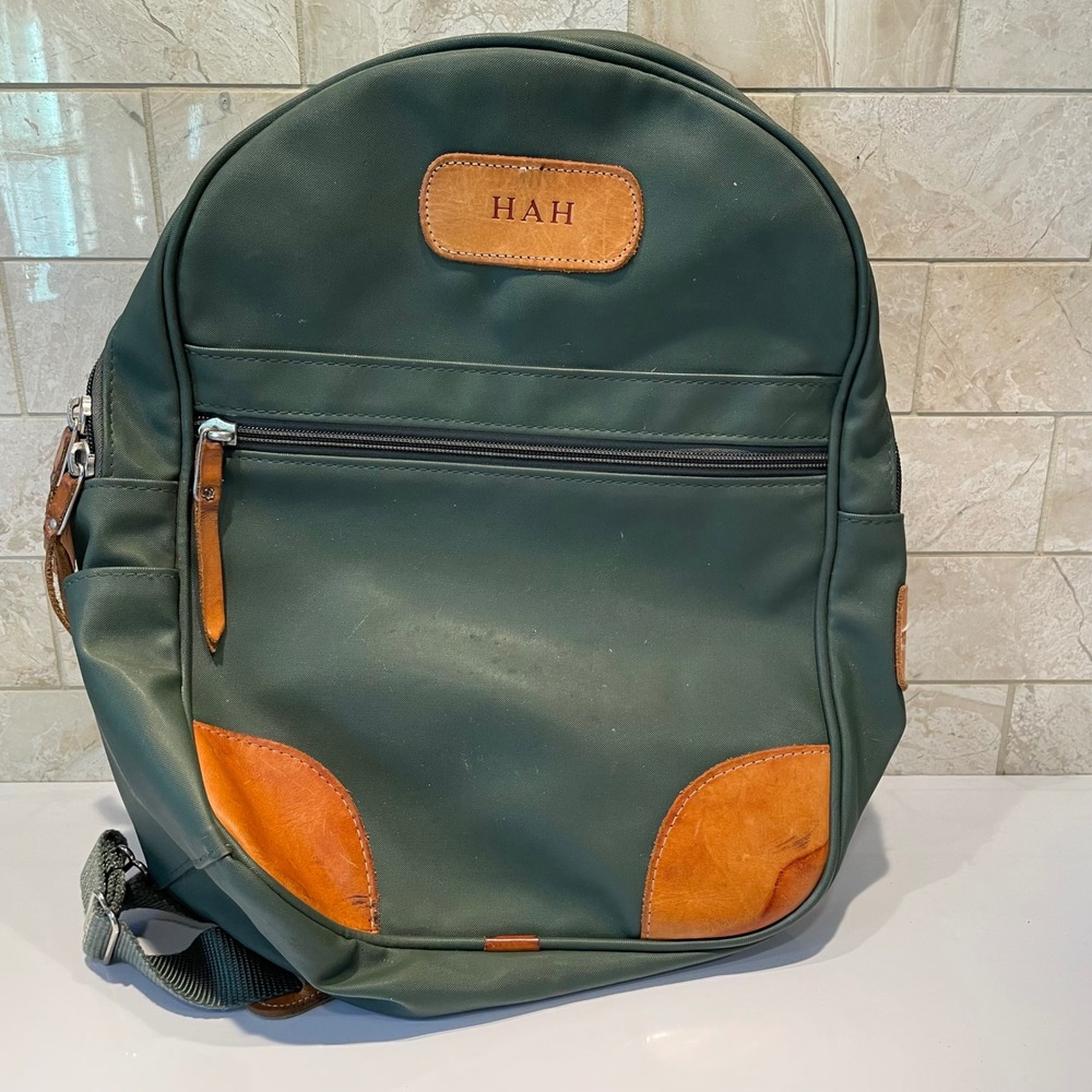 Jon Hart Design Hunter Green Coated Canvas Backpack Leather Trim HAH Monogram